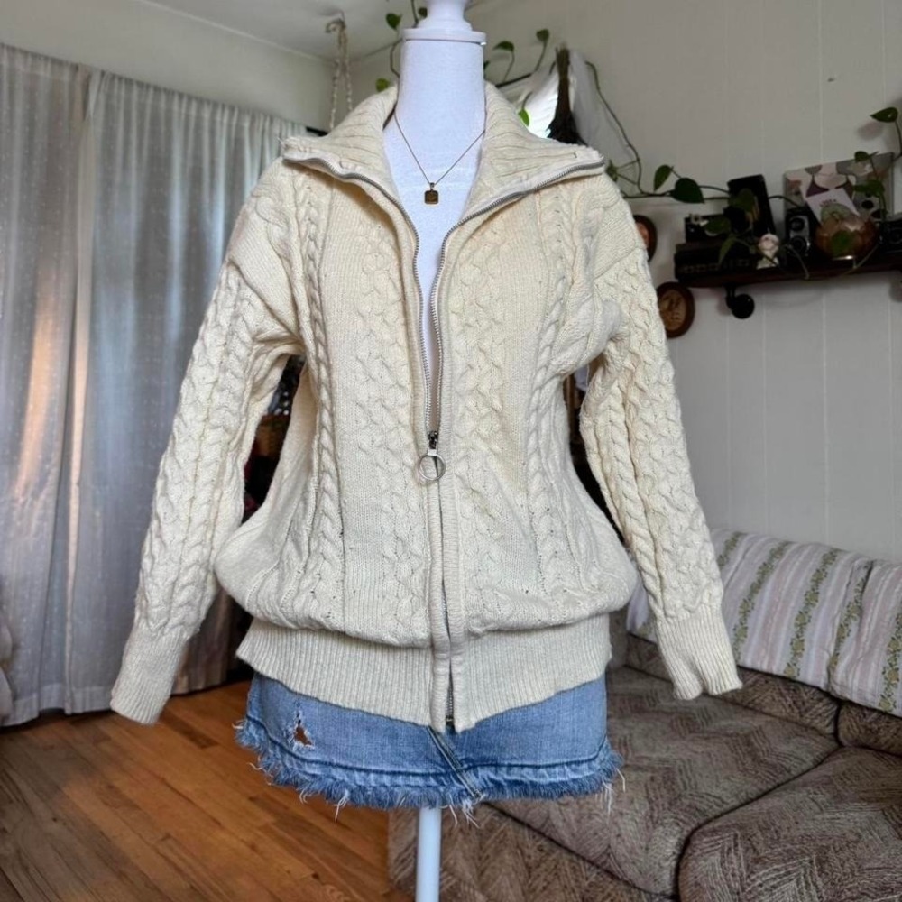 Vintage Cream Cable Knit Full Zip Sweater Mock Neck Chunky Cardigan Ring Pull